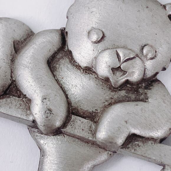 VTG Signed JJ Teddy Bear On Swing Pewter Tone Figural Brooch 1980s Cute Adorable - Picture 5 of 9